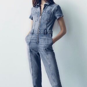 ZARA Zip Front Short Sleeve Denim Jumpsuit XS Medium Wash Blue